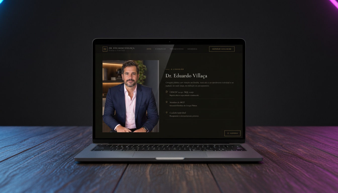Notebook exibindo um site médico premium criado pela Entre Vozes